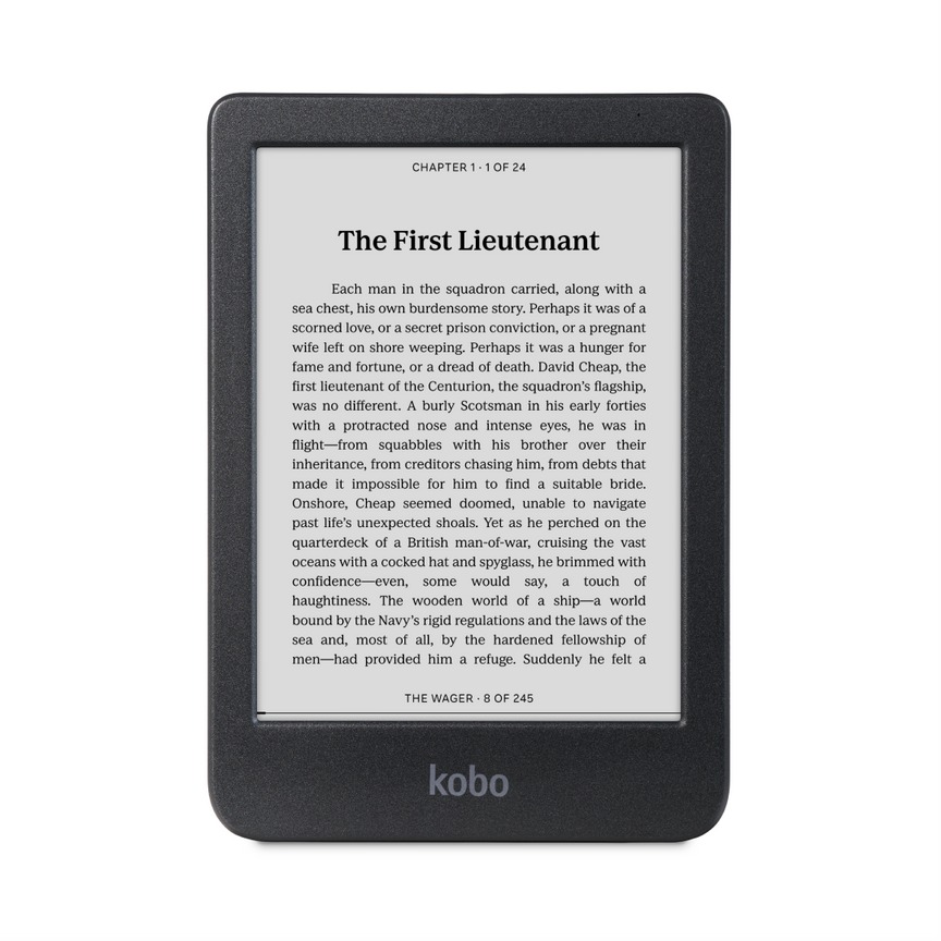 Kobo Clara BW E-Reader που δείχνει τη σελίδα Α κειμένου στην οθόνη.